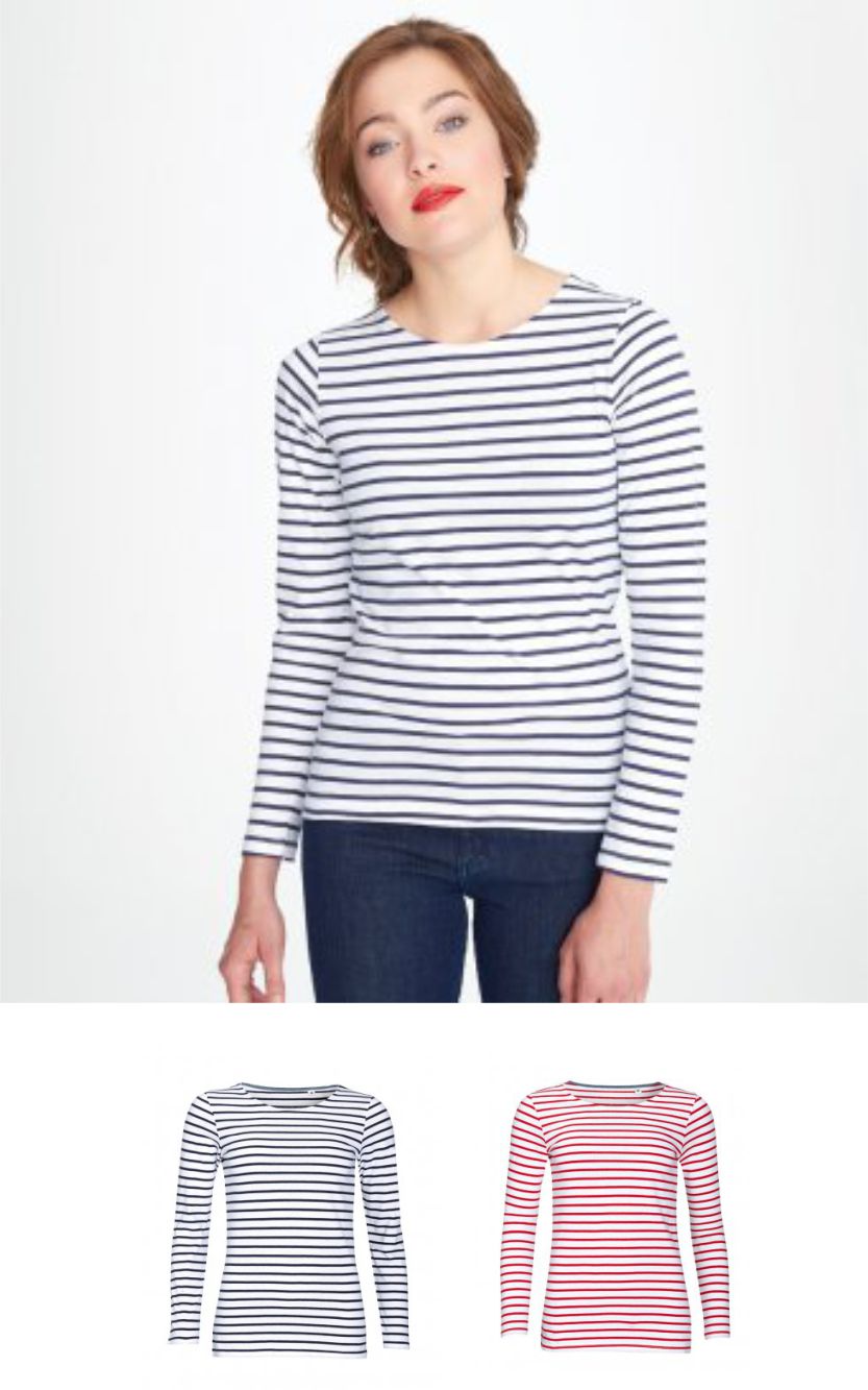 Sol's 01403 Ladies Marine Long Sleeve Stripe Tee Shirt - Click Image to Close